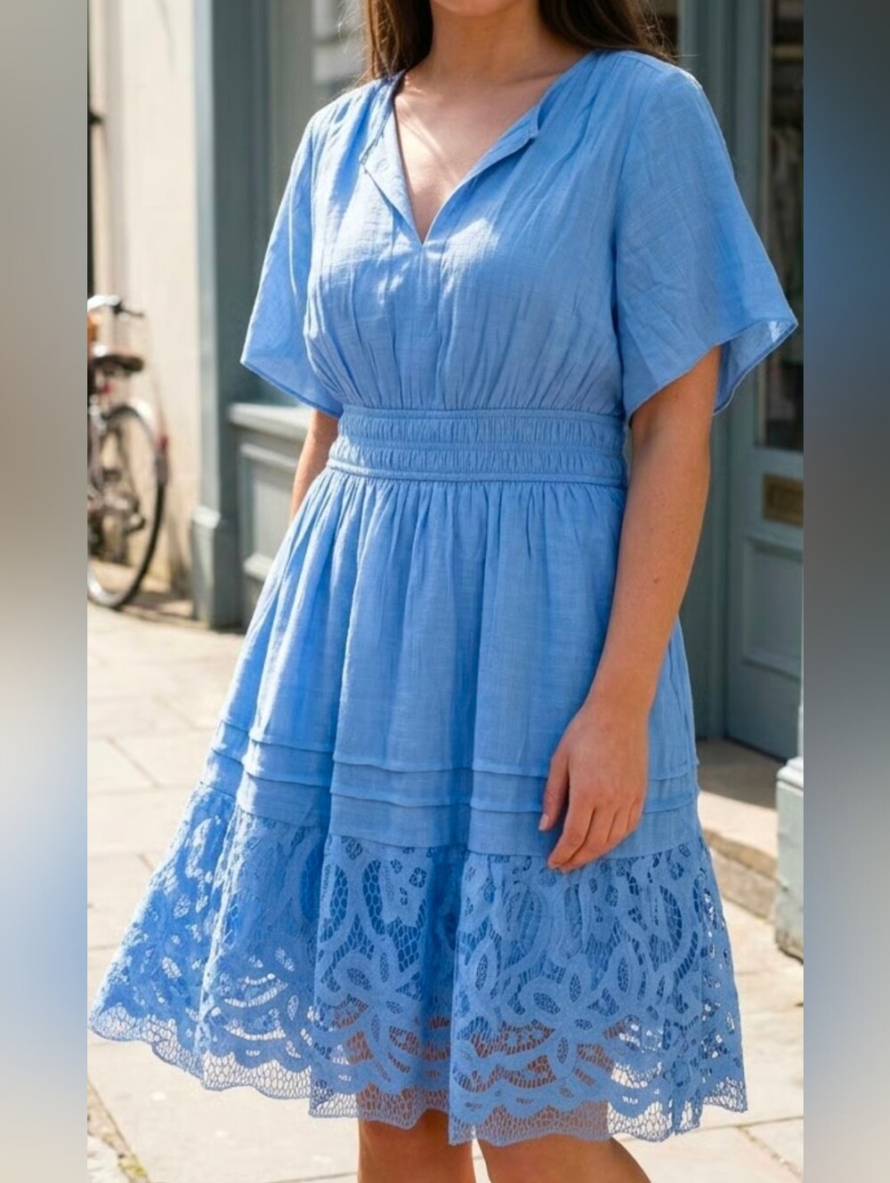 Sky Blue Lace-Hem Midi Dress with Smocked Waist